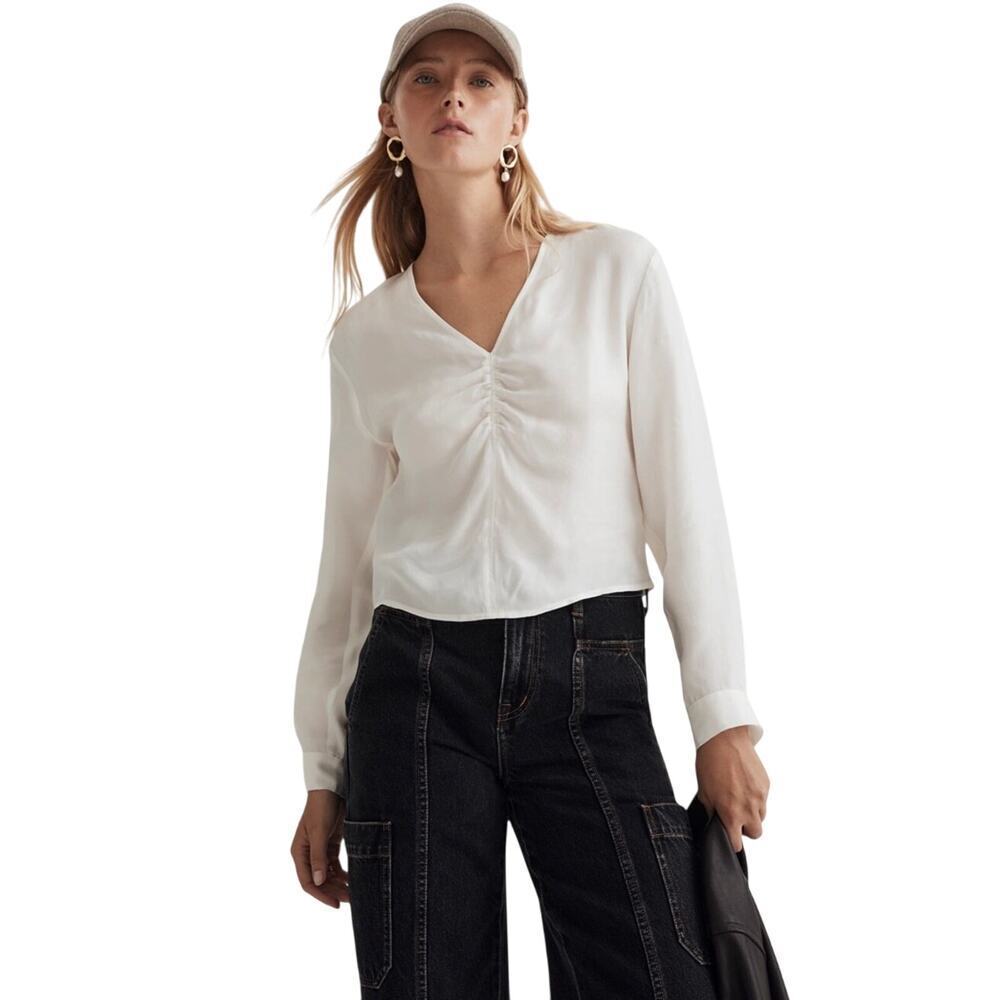 Madewell White Ruched V-Neck Long Sleeve Blouse Lighthouse Size 2 NWT